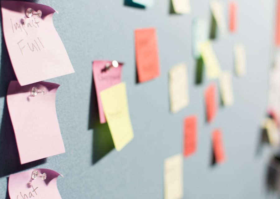 Campaign planning board covered in sticky notes